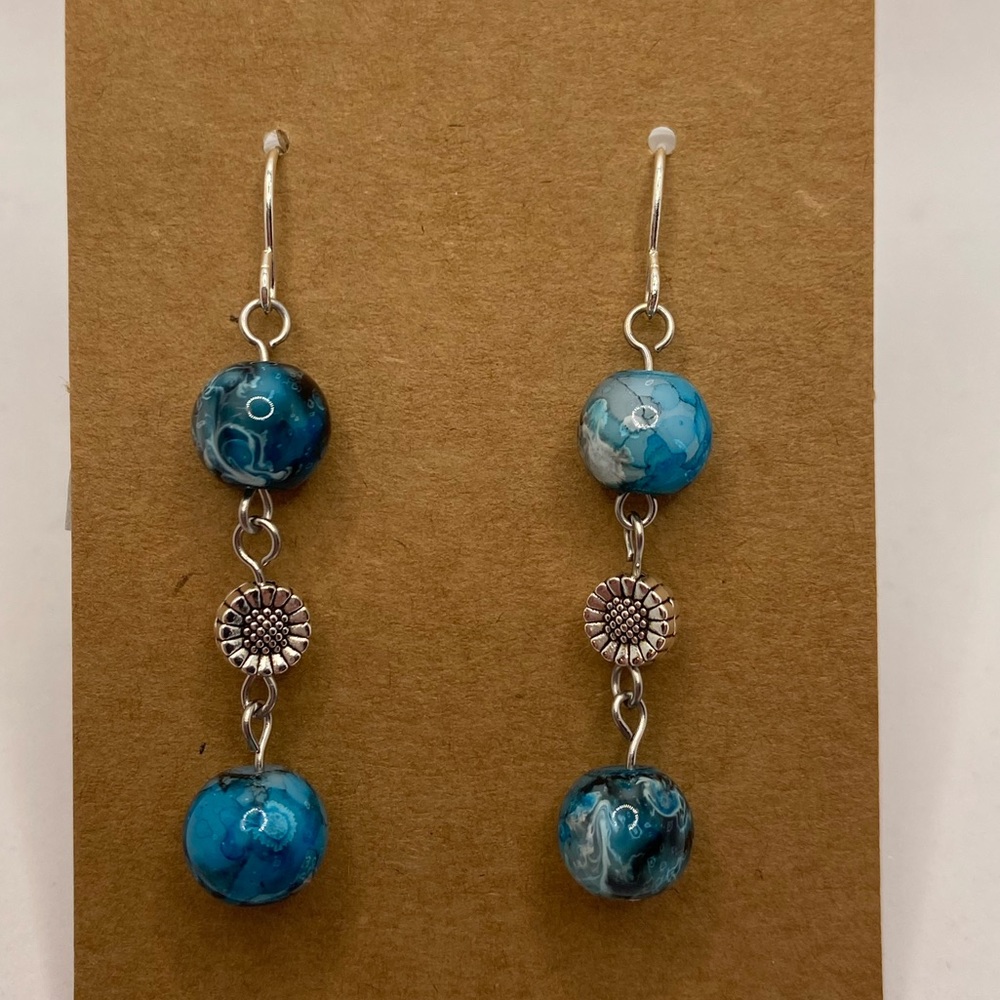 Blue Marble with Daisy Earrings